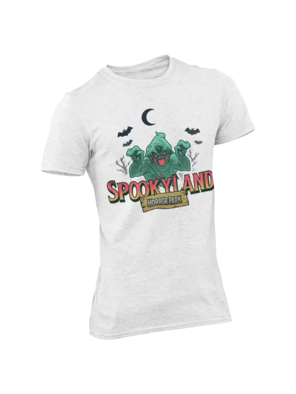 Spookyland T-shirt featuring a green ghost and bats design, perfect for Halloween lovers and haunted attraction fans.