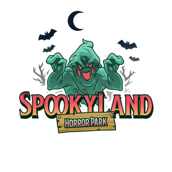 Spookyland Horror Park logo featuring a green ghost with bats and a full moon background.