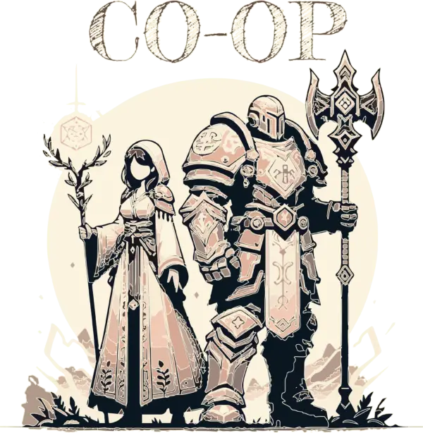 T-shirt with a detailed illustration of a knight in armor and a mage holding a staff, with the word "Co-op" above them, designed for gaming enthusiasts.