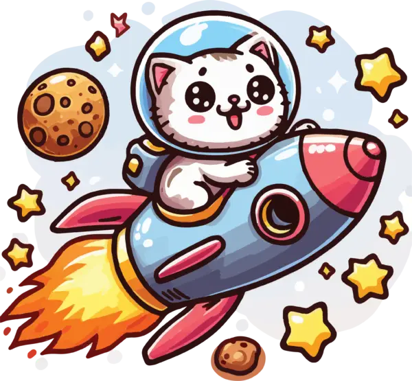 Adorable rocket-riding cat illustration with stars and planets, featured on a T-shirt design.