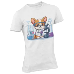 Heathered unisex t-shirt displaying a cartoon corgi in a lab coat with science lab equipment, including test tubes and a microscope.