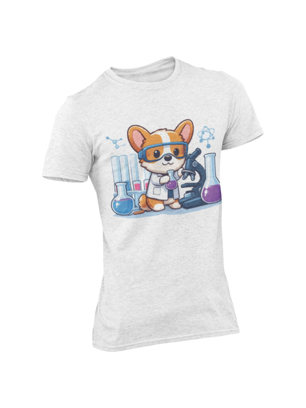 Heathered unisex t-shirt displaying a cartoon corgi in a lab coat with science lab equipment, including test tubes and a microscope.