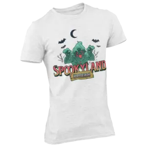 Spookyland T-shirt featuring a green ghost and bats design, perfect for Halloween lovers and haunted attraction fans.