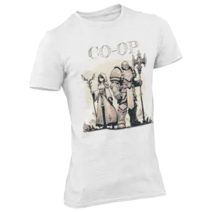 Illustration of a knight and mage standing side by side with the text "Co-op" on a white T-shirt.