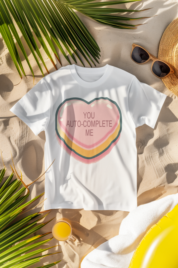 White 'You Auto-Complete Me' T-shirt laid on the sand with sunglasses, a hat, and palm leaves in a summer setting.