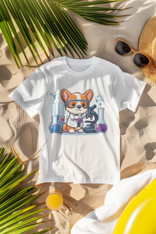 White t-shirt featuring a cute corgi scientist in lab goggles and a lab coat, placed on sand with sunglasses and palm leaves, creating a summery beach vibe.